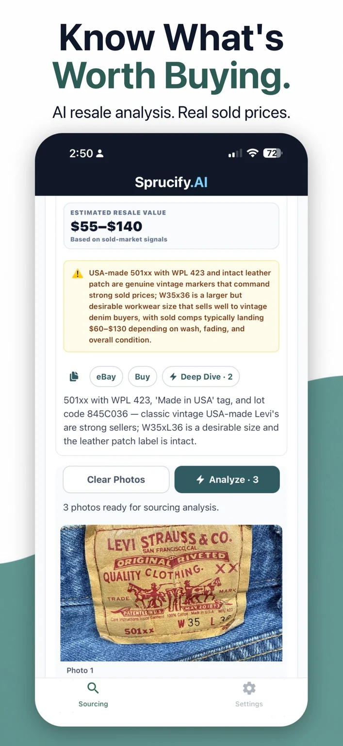 Sprucify Mobile estimates resale value and recommends whether an item is worth buying