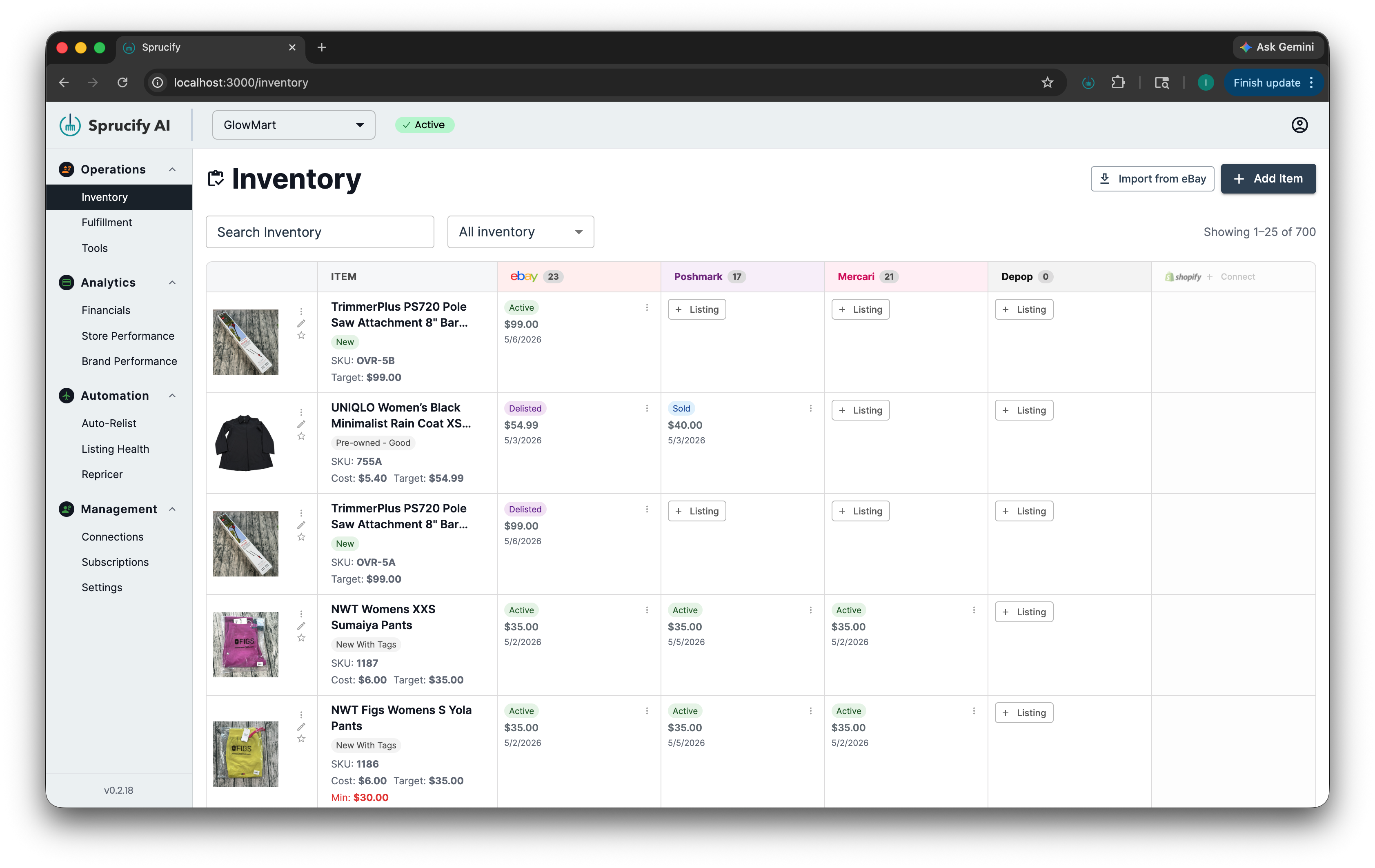 Sprucify AI inventory dashboard screenshot